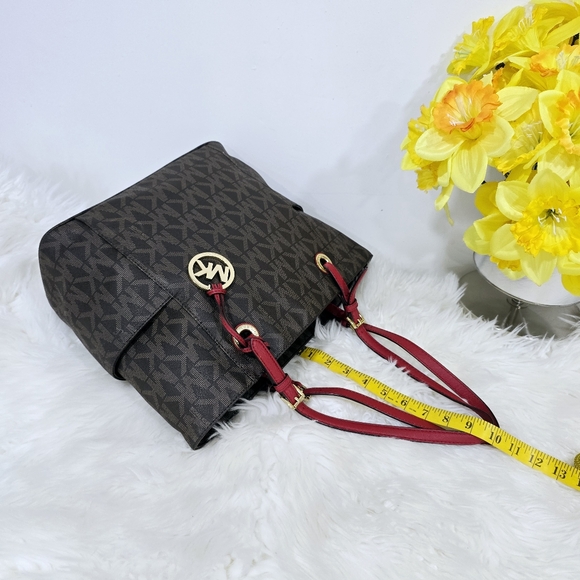 Michael Kors Jet Set Brown/Cherry Signature Logo Tote Shoulder Bag - Picture 5 of 16